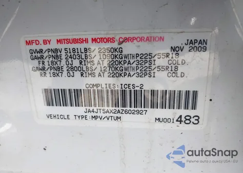 2010 Mitsubishi Outlander Gt z USA, uszkodzony, nr VIN JA4JT5AX2AZ602927